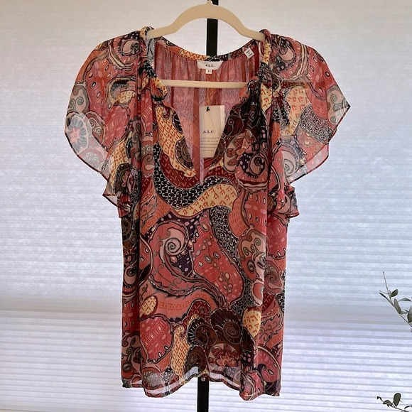 A.L.C. Julie Crinkle Silk Chiffon Flutter Sleeve Blouse Red Floral Paisley 8 NWT - Picture 1 of 5